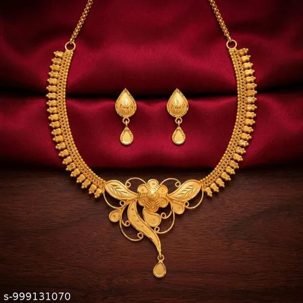 Gold_Copper_Gold_Plated_Floral_Necklace_Set_With_Earrings_For_Women