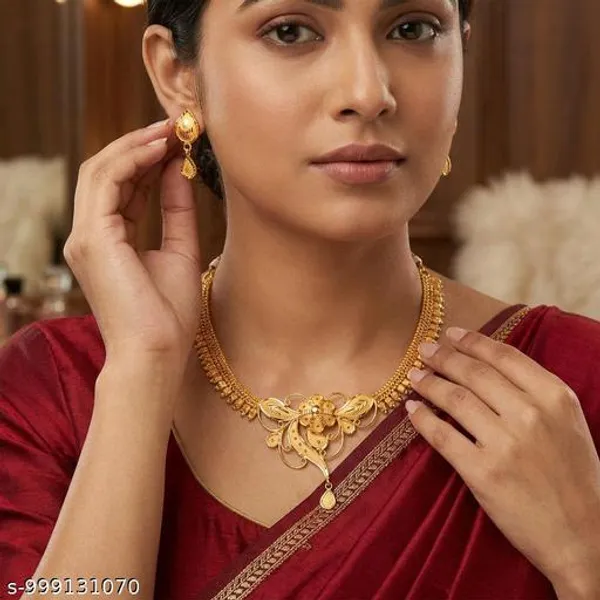 Gold_Copper_Gold_Plated_Floral_Necklace_Set_With_Earrings_For_Women