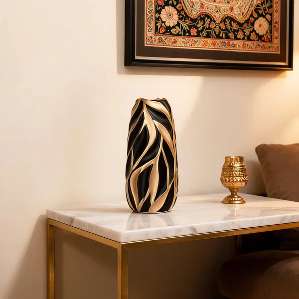 Ceramic_Modern_Gold_Leaf_Pattern_Matte_Black_Flower_Vase