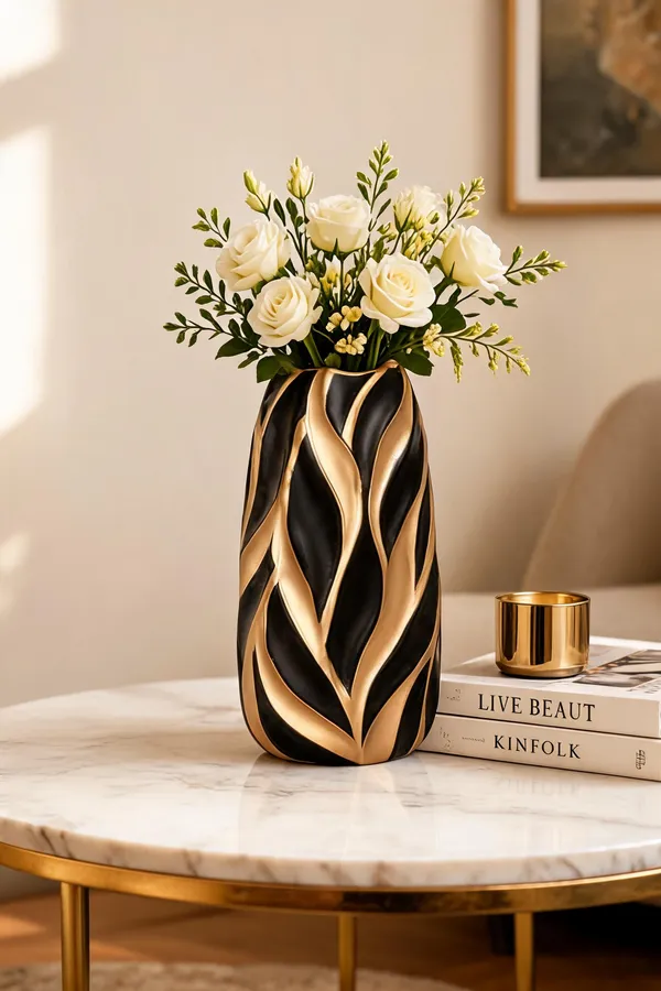 Ceramic_Modern_Gold_Leaf_Pattern_Matte_Black_Flower_Vase