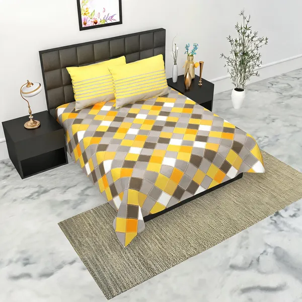 Cotton_Geometric_Checkerboard_Print_Bed_Sheet_With_2_Pillow_Covers