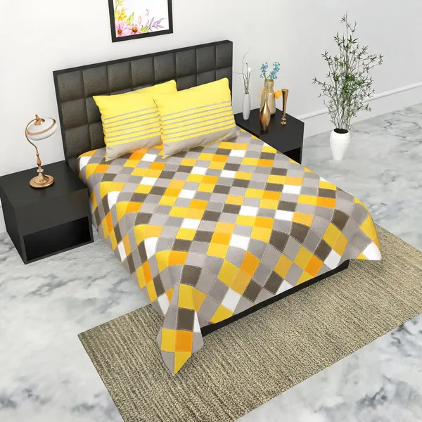 Cotton_Geometric_Checkerboard_Print_Bed_Sheet_With_2_Pillow_Covers