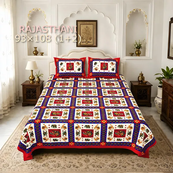 Cotton_Rajasthani_Folk_Patchwork_Motif_Print_Bed_Sheet_With_2_Pillow_Covers