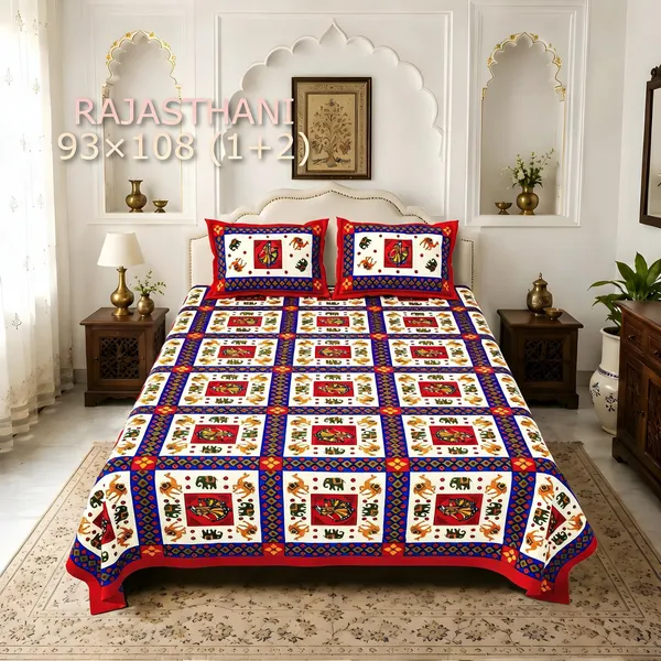Cotton_Rajasthani_Folk_Patchwork_Motif_Print_Bed_Sheet_With_2_Pillow_Covers