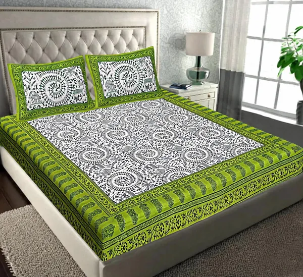 Cotton_Geometric_Print_Green_White_Bed_Sheet_With_2_Pillow_Covers