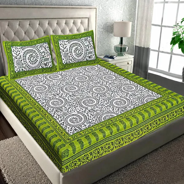 Cotton_Geometric_Print_Green_White_Bed_Sheet_With_2_Pillow_Covers