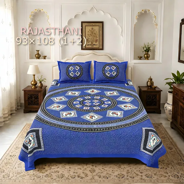Cotton_Rajasthani_Geometric_Print_Blue_Bed_Sheet_With_2_Pillow_Covers