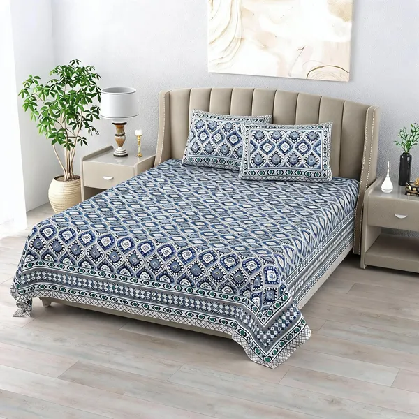 Cotton_Geometric_Print_Blue_Bed_Sheet_With_2_Pillow_Covers