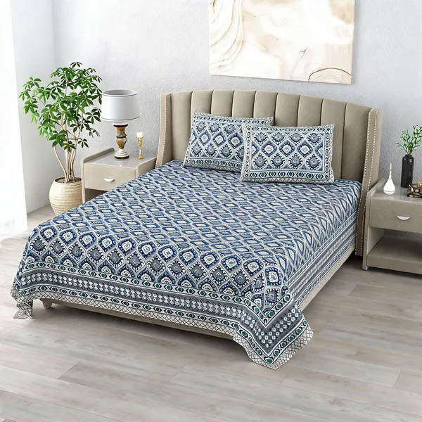 Cotton_Geometric_Print_Blue_Bed_Sheet_With_2_Pillow_Covers