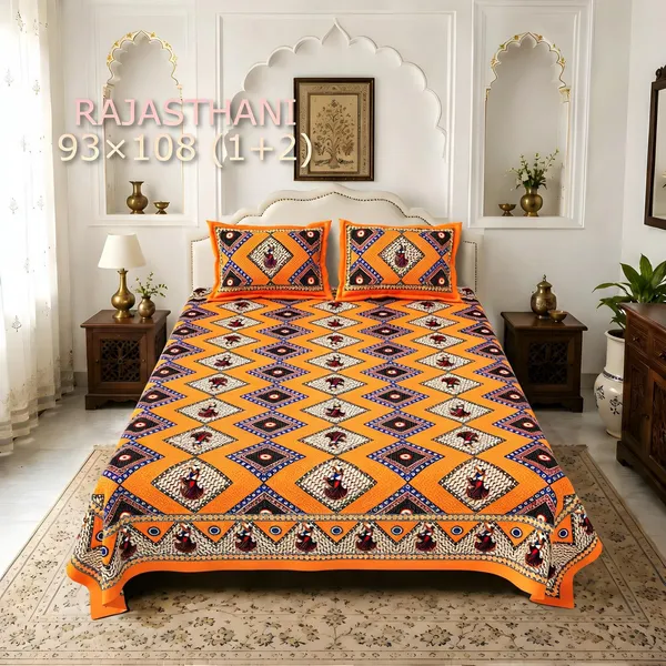 Cotton_Rajasthani_Geometric_Print_Orange_Multicolor_Bed_Sheet_With_2_Pillow_Covers
