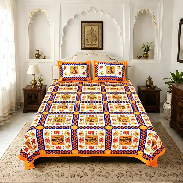 Cotton_Rajasthani_Ethnic_Grid_Motif_Print_Bed_Sheet_With_2_Pillow_Covers