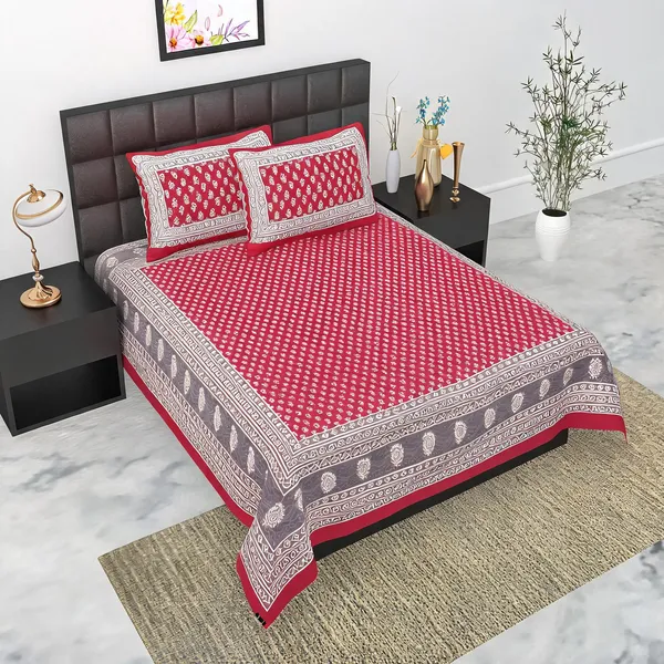 Cotton_Floral_Print_Red_Bed_Sheet_With_2_Pillow_Covers