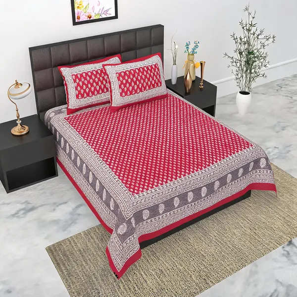 Cotton_Floral_Print_Red_Bed_Sheet_With_2_Pillow_Covers