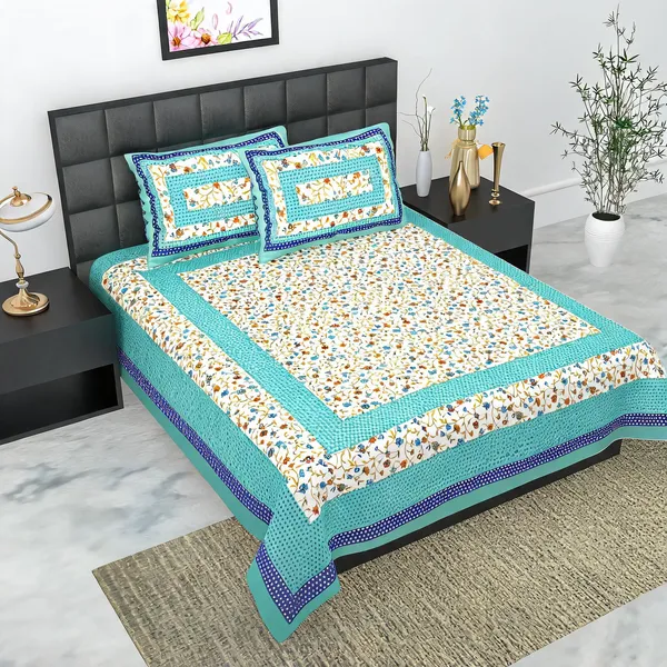 Cotton_Floral_Print_Turquoise_White_Bed_Sheet_With_2_Pillow_Covers