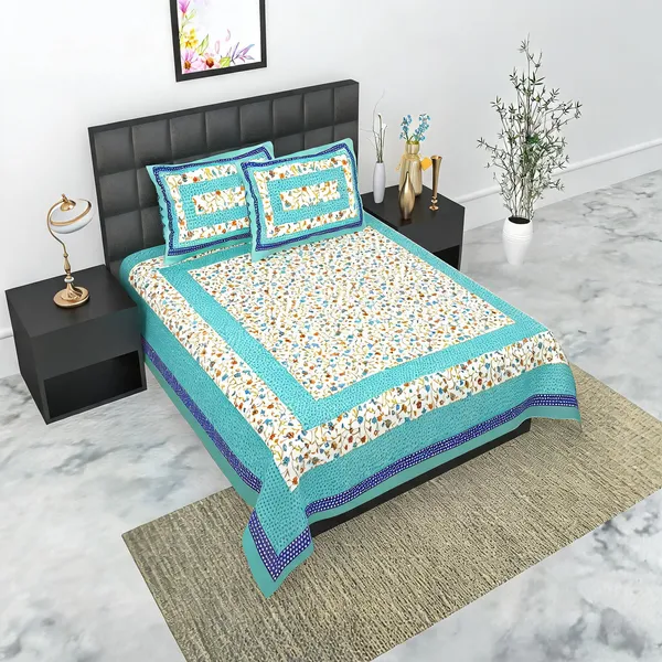 Cotton_Floral_Print_Turquoise_White_Bed_Sheet_With_2_Pillow_Covers