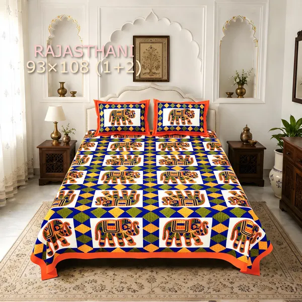 Cotton_Rajasthani_Elephant_Diamond_Motif_Print_Bed_Sheet_With_2_Pillow_Covers
