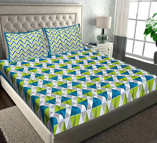Cotton_Geometric_Print_Blue_Green_Bed_Sheet_With_2_Pillow_Covers