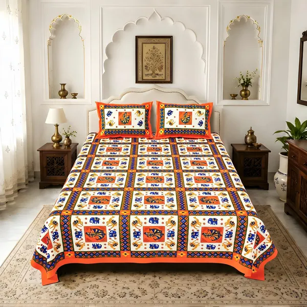 Cotton_Rajasthani_Elephant_Print_Multicolor_Bed_Sheet_With_2_Pillow_Covers