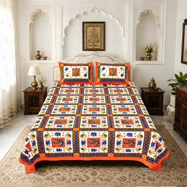 Cotton_Rajasthani_Elephant_Print_Multicolor_Bed_Sheet_With_2_Pillow_Covers