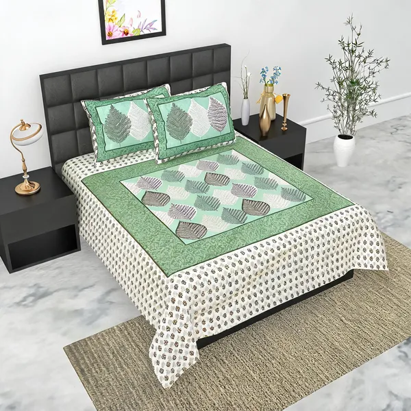 Cotton_Leaf_And_Floral_Motif_Print_Bed_Sheet_With_2_Pillow_Covers