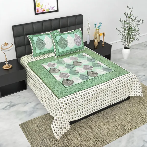 Cotton_Leaf_And_Floral_Motif_Print_Bed_Sheet_With_2_Pillow_Covers