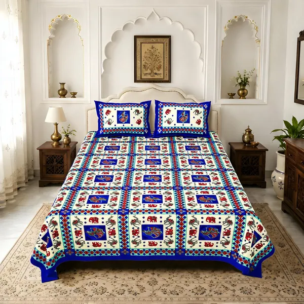 Cotton_Rajasthani_Elephant_Floral_Geometric_Print_Bed_Sheet_With_2_Pillow_Covers