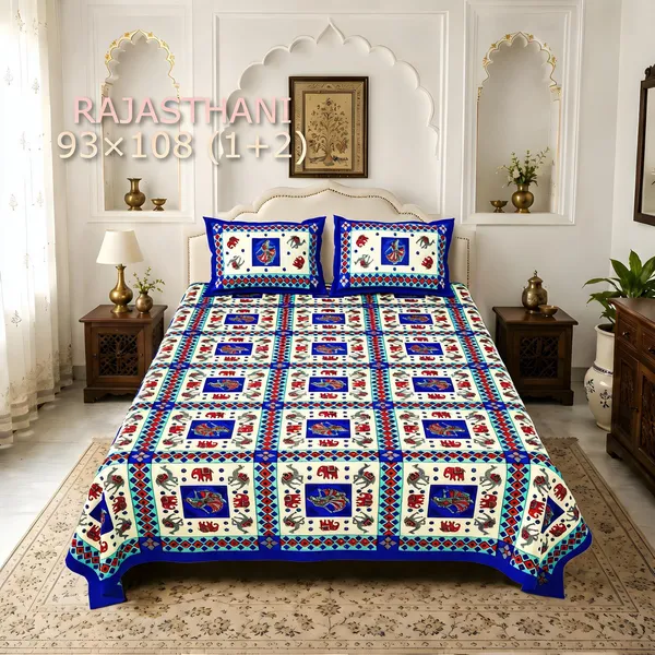 Cotton_Rajasthani_Elephant_Floral_Geometric_Print_Bed_Sheet_With_2_Pillow_Covers
