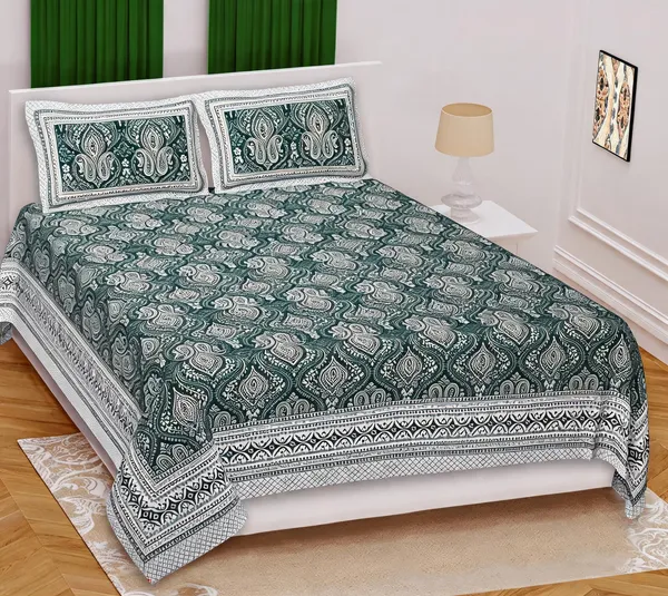 Cotton_Paisley_Print_Green_Bed_Sheet_With_2_Pillow_Covers