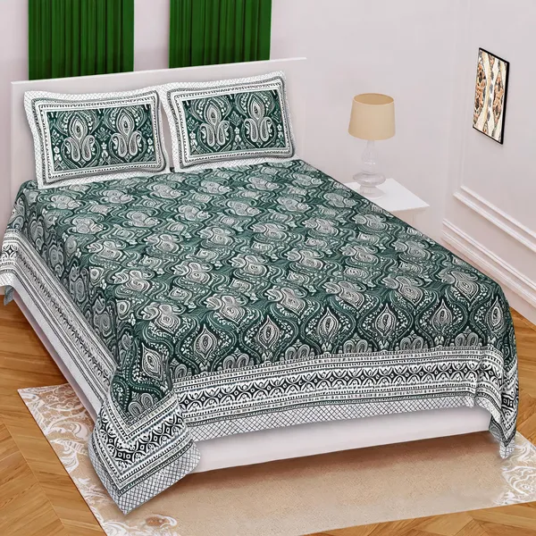 Cotton_Paisley_Print_Green_Bed_Sheet_With_2_Pillow_Covers