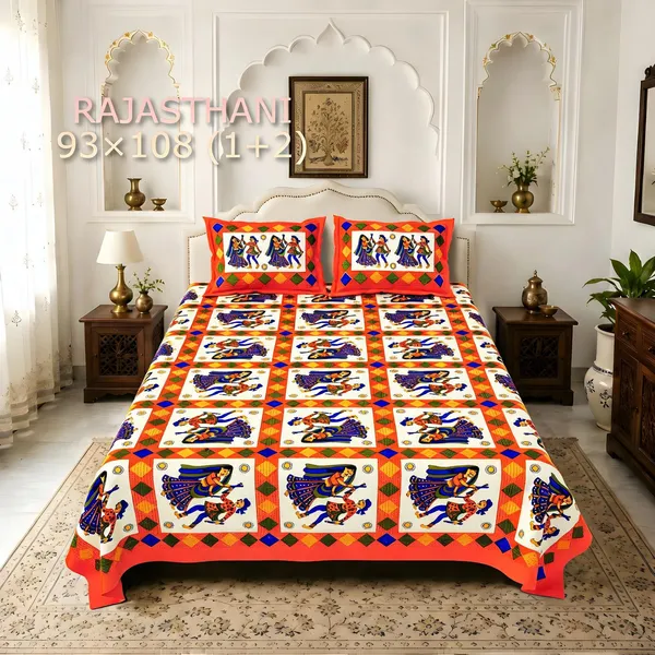 Cotton_Rajasthani_Folk_Art_Dancer_Motif_Print_Bed_Sheet_With_2_Pillow_Covers