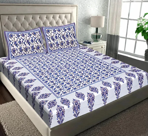 Cotton_Floral_Print_Blue_And_White_Bed_Sheet_With_2_Pillow_Covers