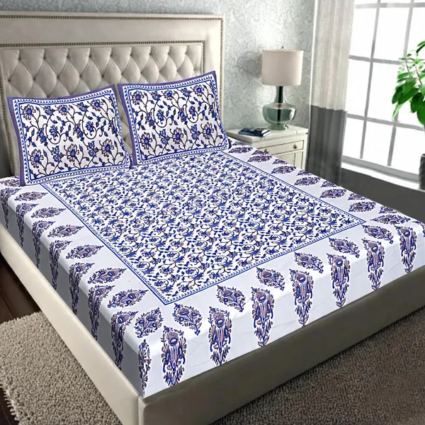 Cotton_Floral_Print_Blue_And_White_Bed_Sheet_With_2_Pillow_Covers