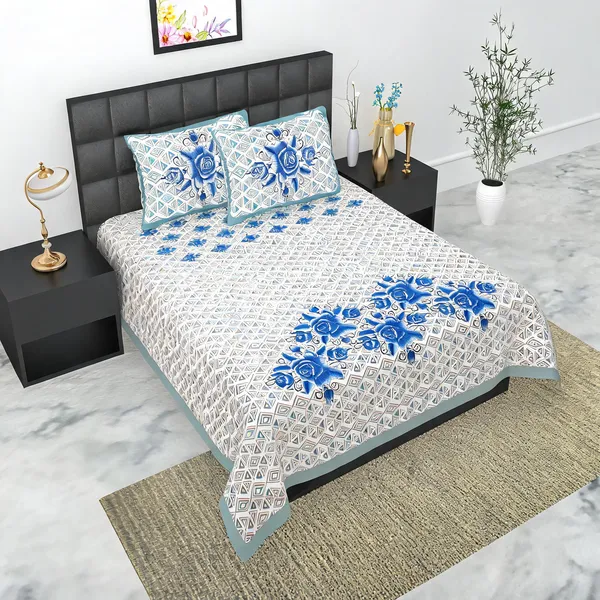 Cotton_Geometric_Floral_Print_Blue_And_White_Bed_Sheet_With_2_Pillow_Covers