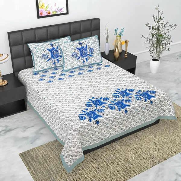 Cotton_Geometric_Floral_Print_Blue_And_White_Bed_Sheet_With_2_Pillow_Covers
