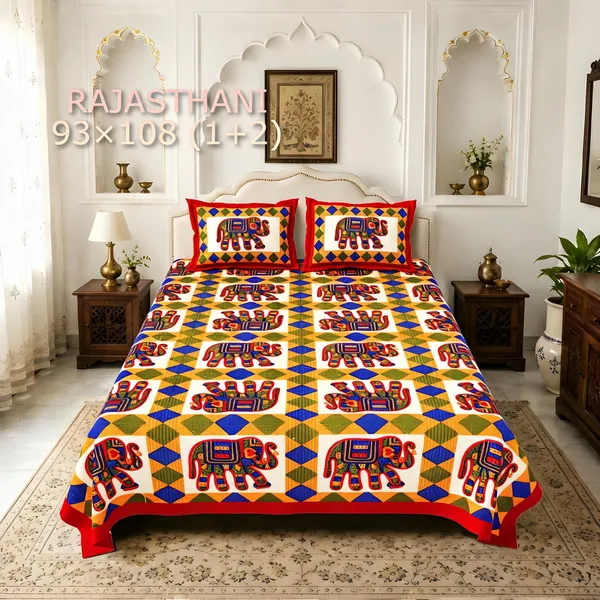 Cotton_Rajasthani_Elephant_Print_Multicolor_Bed_Sheet_With_2_Pillow_Covers