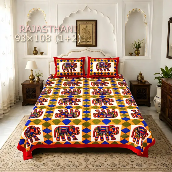 Cotton_Rajasthani_Elephant_Print_Multicolor_Bed_Sheet_With_2_Pillow_Covers