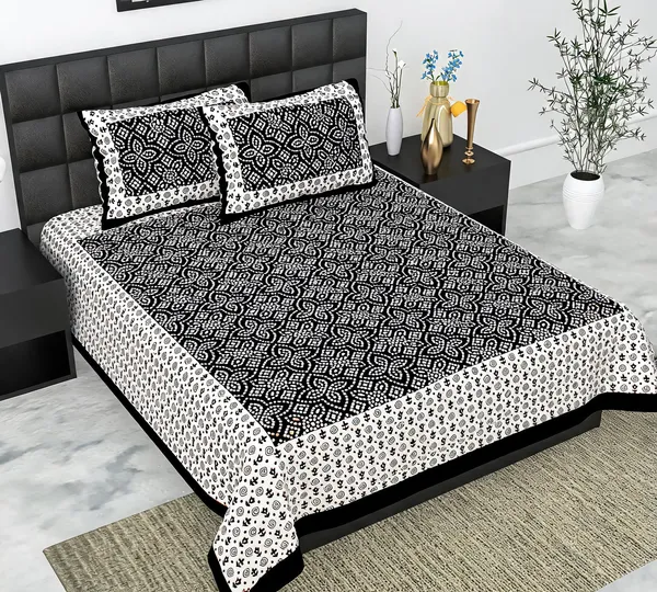 Cotton_Floral_And_Geometric_Print_Black_And_White_Bed_Sheet_With_2_Pillow_Covers