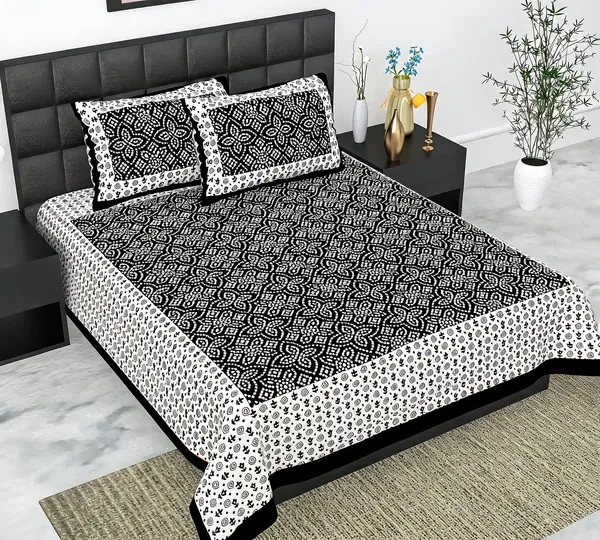 Cotton_Floral_And_Geometric_Print_Black_And_White_Bed_Sheet_With_2_Pillow_Covers