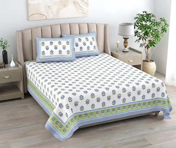Cotton_Floral_Print_Blue_And_White_Bed_Sheet_With_2_Pillow_Covers