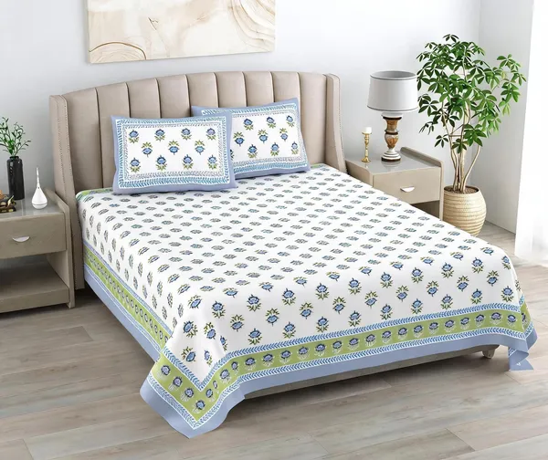 Cotton_Floral_Print_Blue_And_White_Bed_Sheet_With_2_Pillow_Covers