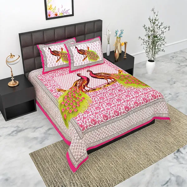 Cotton_Peacock_Print_King_Size_Bed_Sheet_With_2_Pillow_Covers