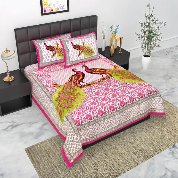 Cotton_Peacock_Print_King_Size_Bed_Sheet_With_2_Pillow_Covers