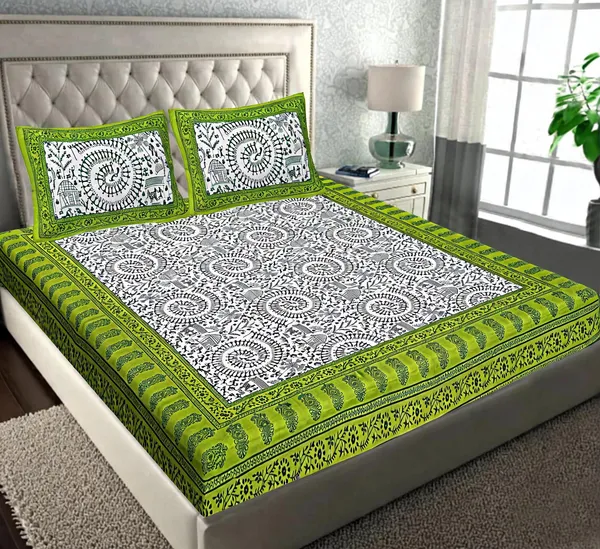 Cotton_Traditional_Circular_Print_Green_White_Bed_Sheet_With_2_Pillow_Covers