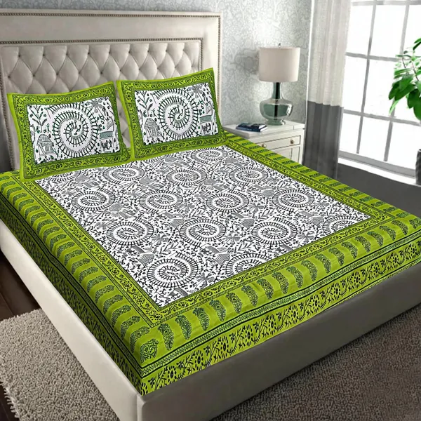 Cotton_Traditional_Circular_Print_Green_White_Bed_Sheet_With_2_Pillow_Covers