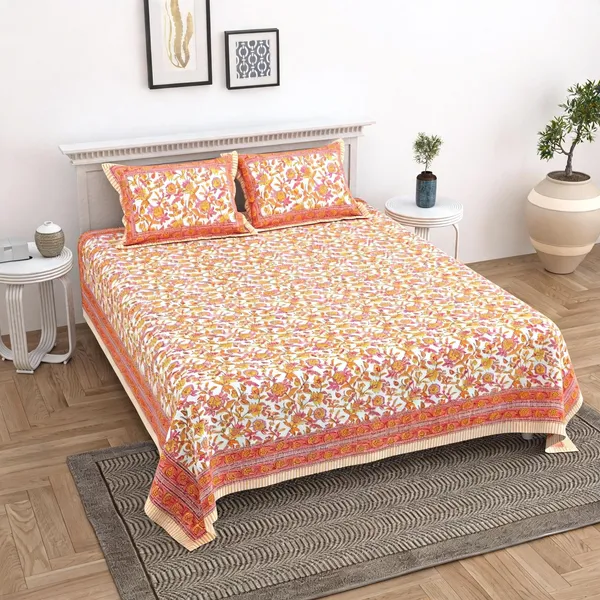 Cotton_Floral_Print_Orange_Bed_Sheet_With_2_Pillow_Covers