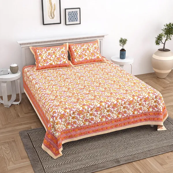 Cotton_Floral_Print_Orange_Bed_Sheet_With_2_Pillow_Covers