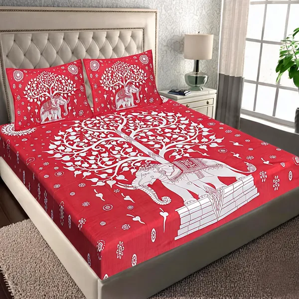 Cotton_Jaipuri_Prints_Red_Bed_Sheet_With_2_Pillow_Covers
