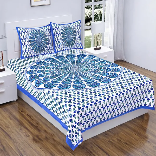 Cotton_Jaipuri_Prints_Blue_Bed_Sheet_With_2_Pillow_Covers