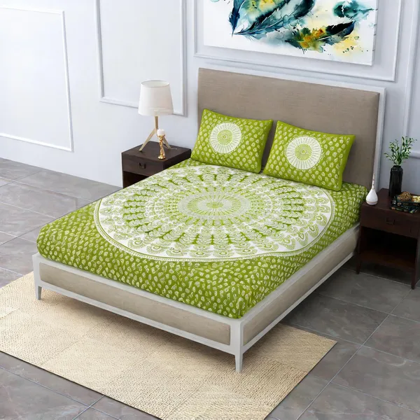 Cotton_Jaipuri_Print_Green_Bed_Sheet_With_2_Pillow_Covers