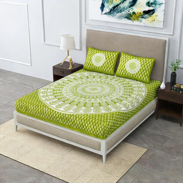 Cotton_Jaipuri_Print_Green_Bed_Sheet_With_2_Pillow_Covers